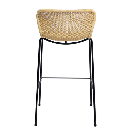 Rattan "Wing" Indoor Counter Stool by Yuzuru Yamakawa, with natural rattan wicker seat and black steel frame.