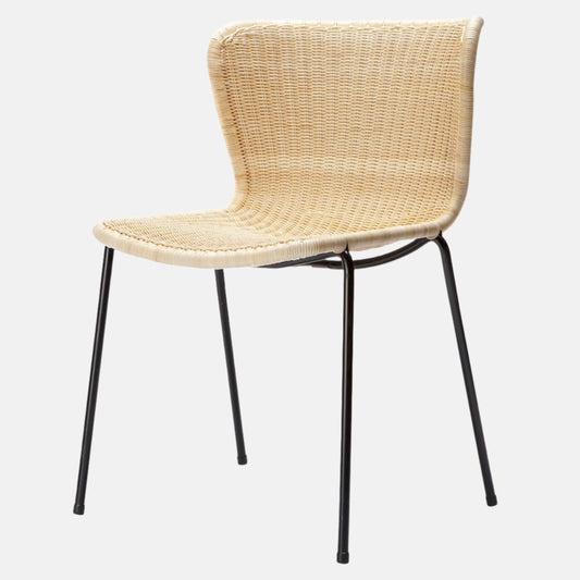 Rattan "Wing" Indoor Dining Chair with natural wicker seat and black powder-coated steel frame.