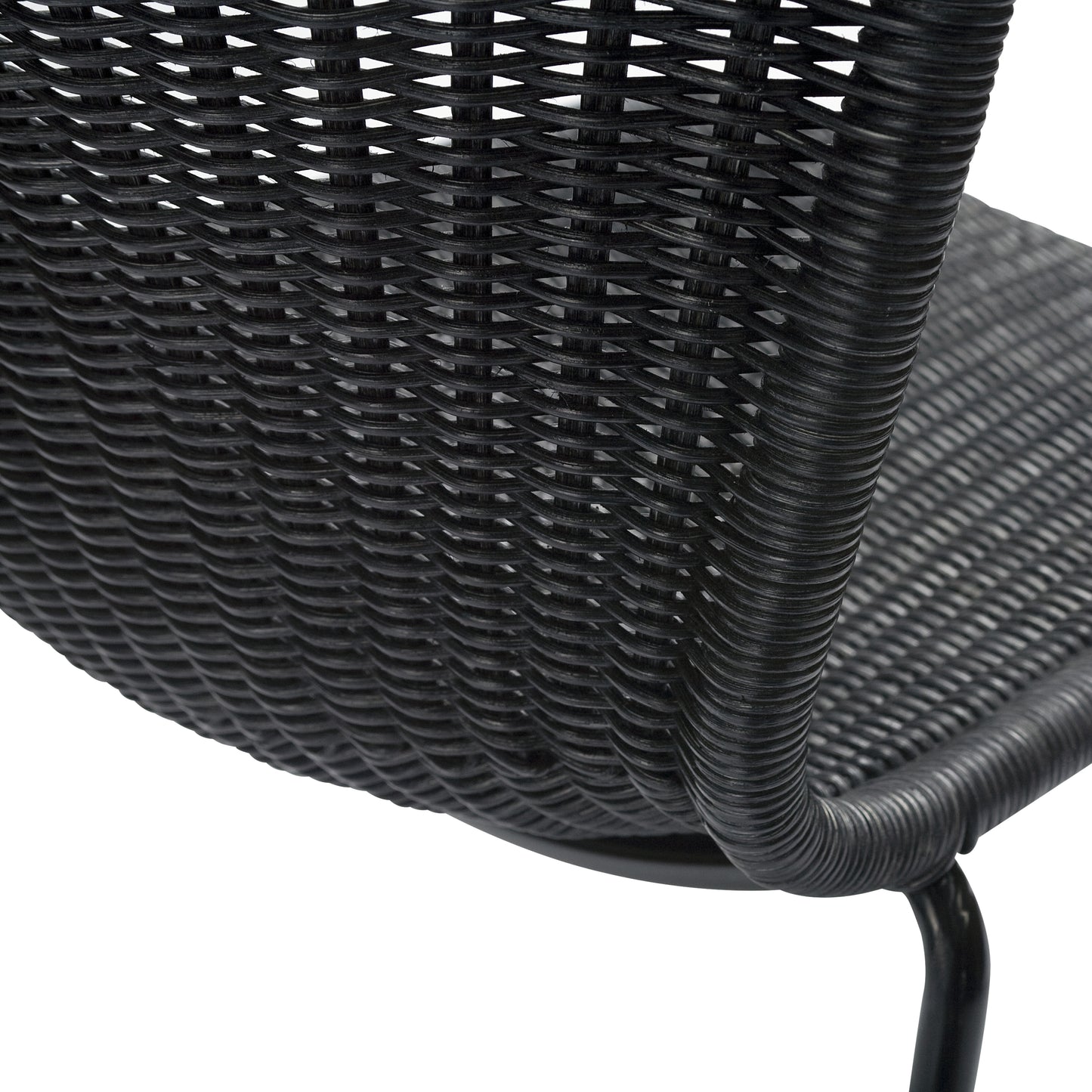 Black rattan "Wing" outdoor dining chair with woven polyethylene wicker seat and steel frame.