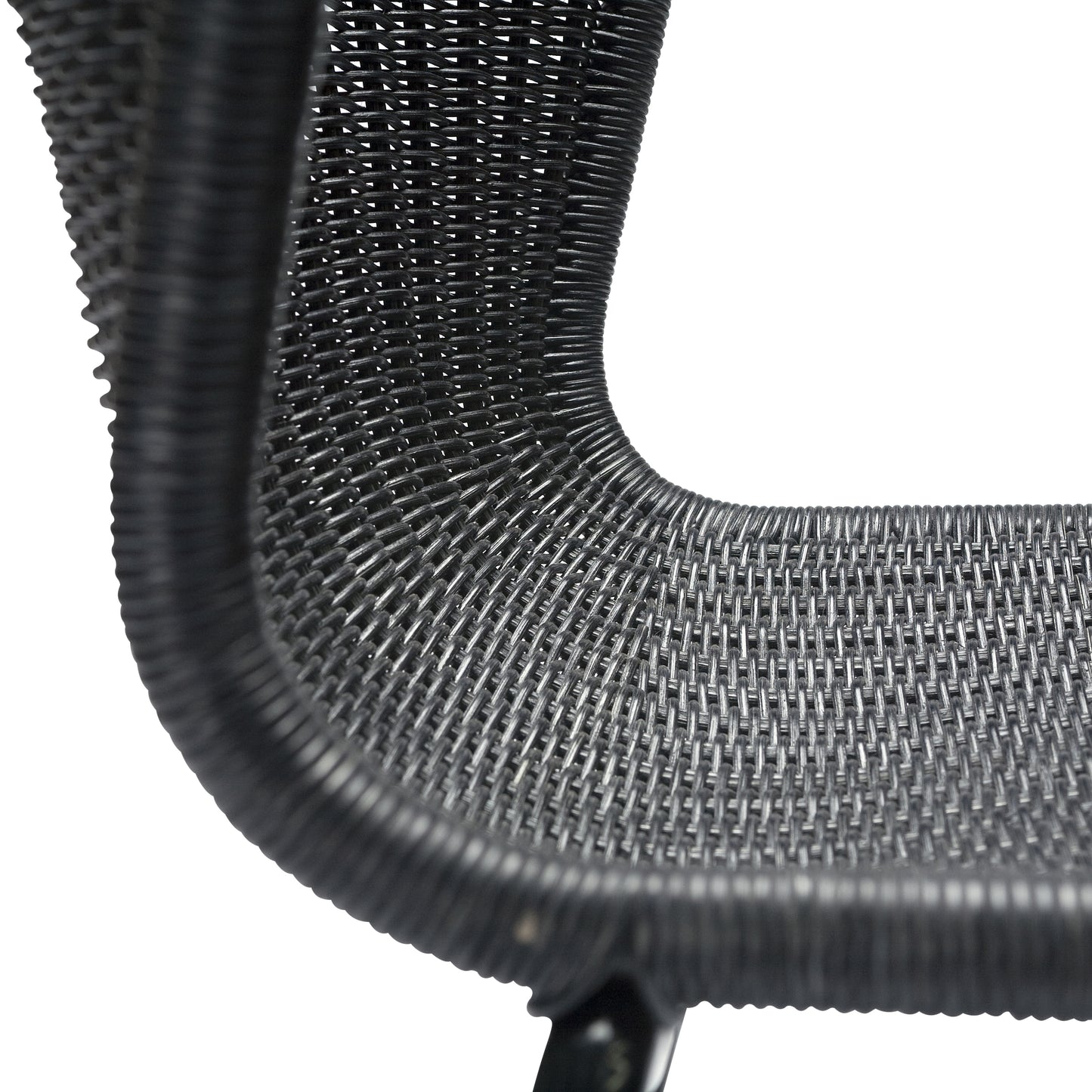 Close-up of a black rattan "Wing" outdoor dining chair with a woven polyethylene wicker seat and steel frame.