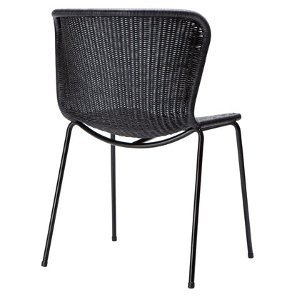 Black rattan "Wing" outdoor dining chair with a woven polyethylene wicker seat and powder-coated steel frame.