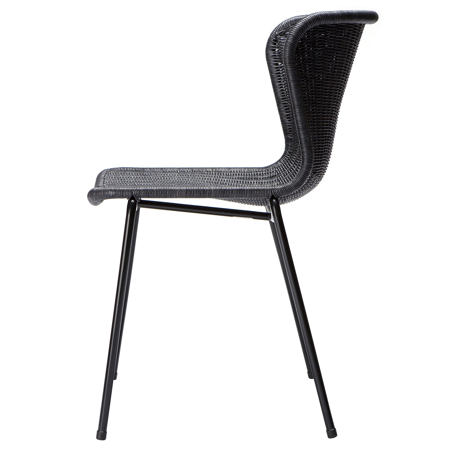 Black rattan "Wing" outdoor dining chair with a sleek woven polyethylene wicker seat and powder-coated steel frame.