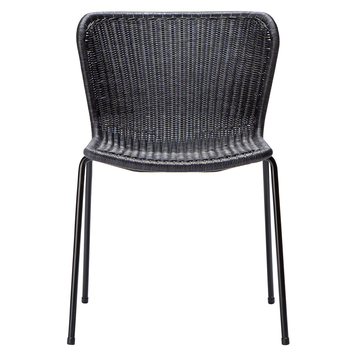 Black rattan "Wing" outdoor dining chair with a woven polyethylene wicker seat and powder-coated steel frame.