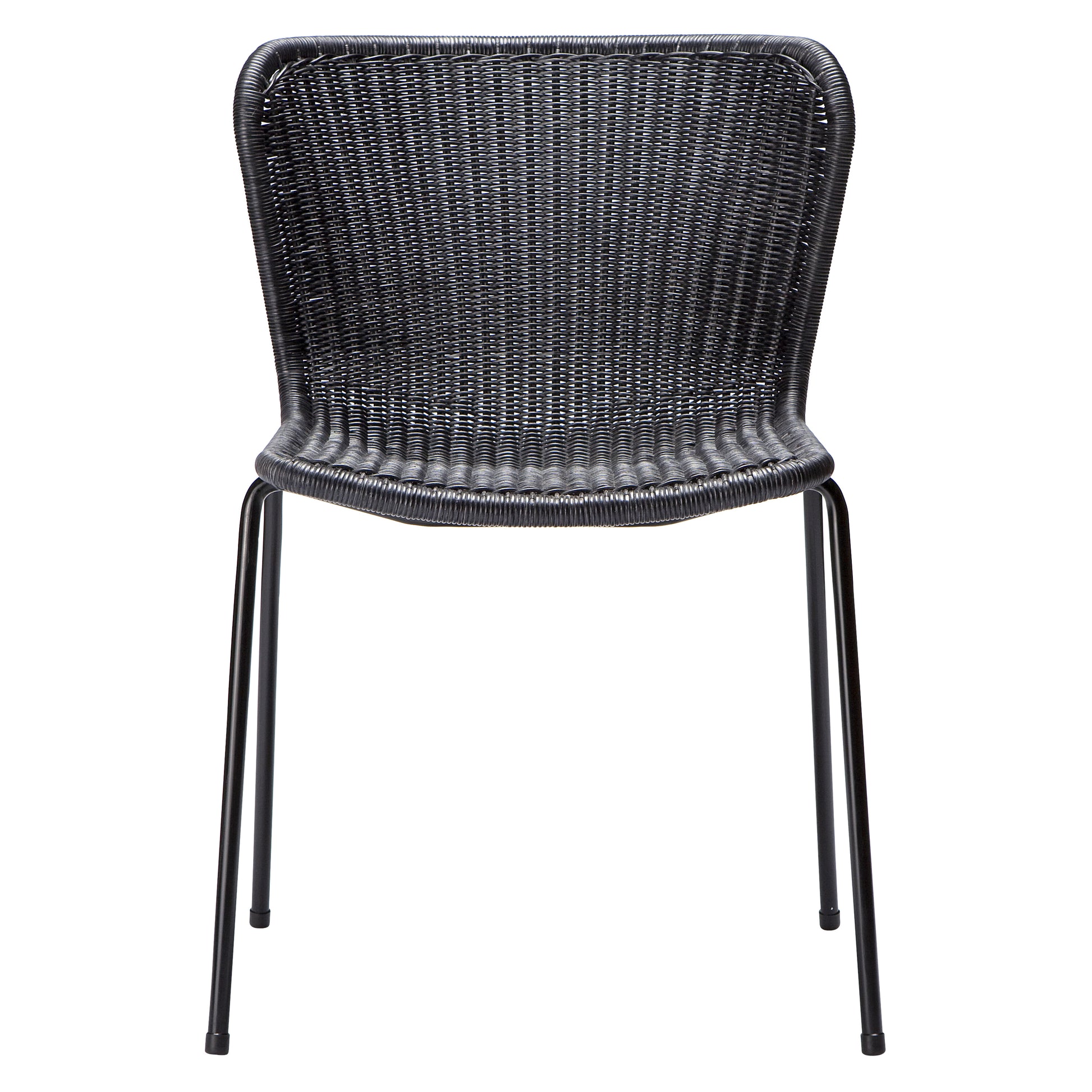 Black rattan "Wing" outdoor dining chair with a woven polyethylene wicker seat and powder-coated steel frame.