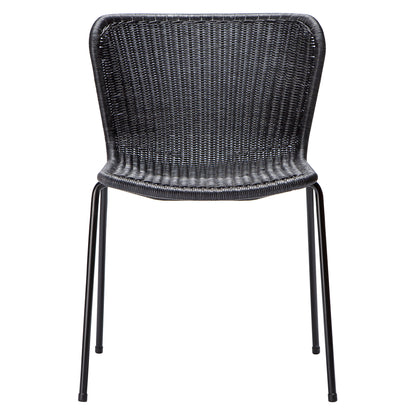 Black rattan "Wing" outdoor dining chair with a woven polyethylene wicker seat and powder-coated steel frame.