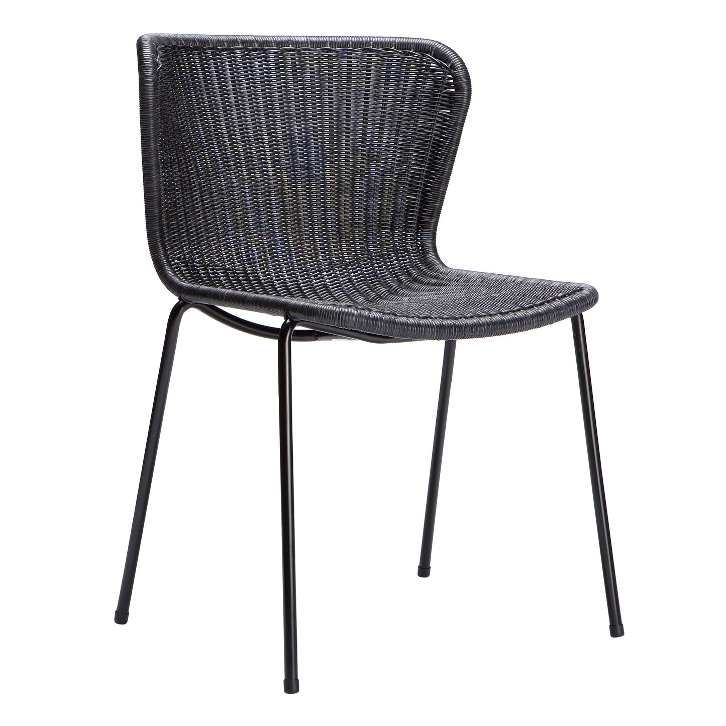 Black rattan "Wing" outdoor dining chair with a woven polyethylene wicker seat and powder-coated steel frame.