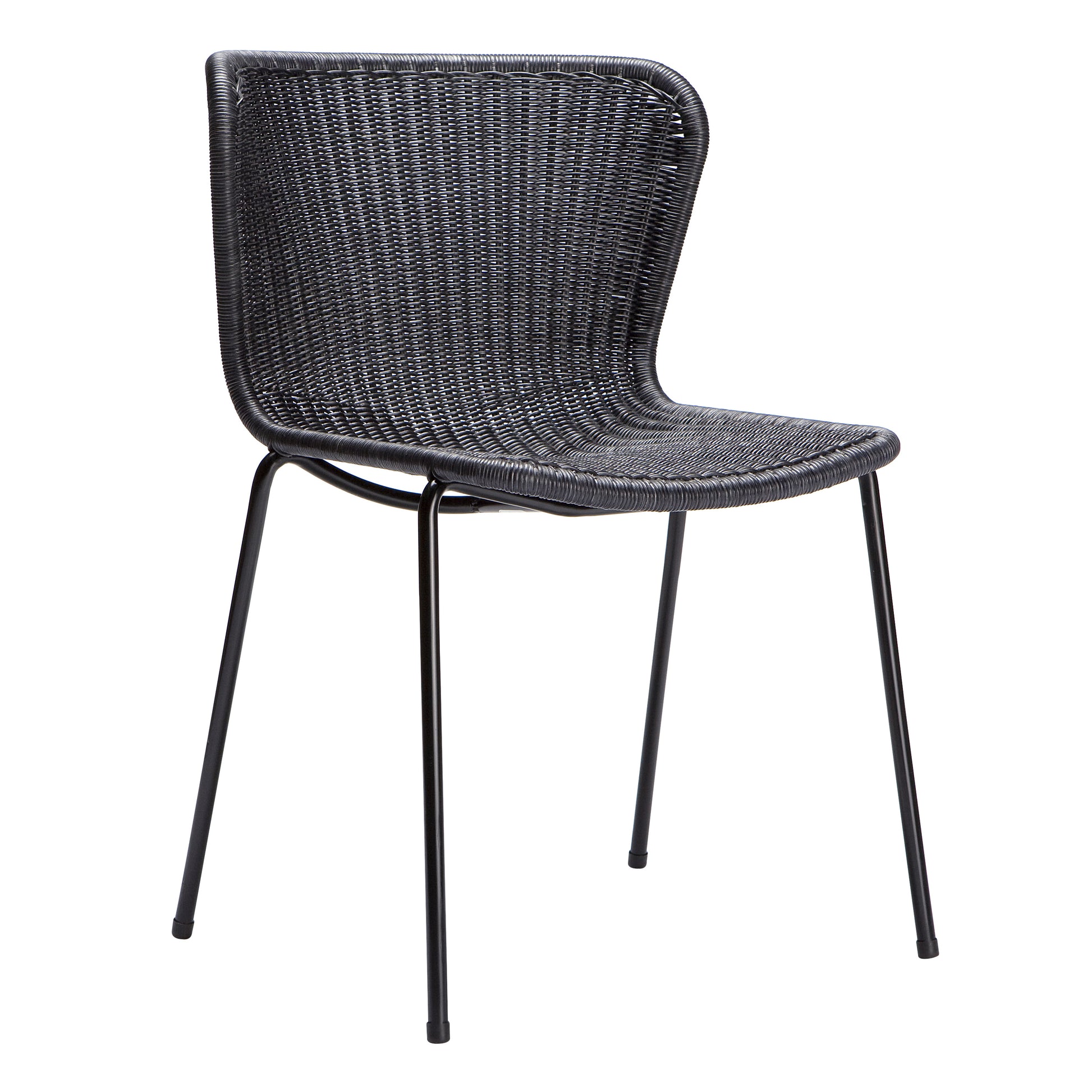 Black rattan "Wing" outdoor dining chair with a woven polyethylene wicker seat and powder-coated steel frame.