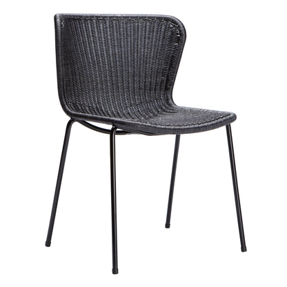 Black rattan "Wing" outdoor dining chair with a woven polyethylene wicker seat and powder-coated steel frame.