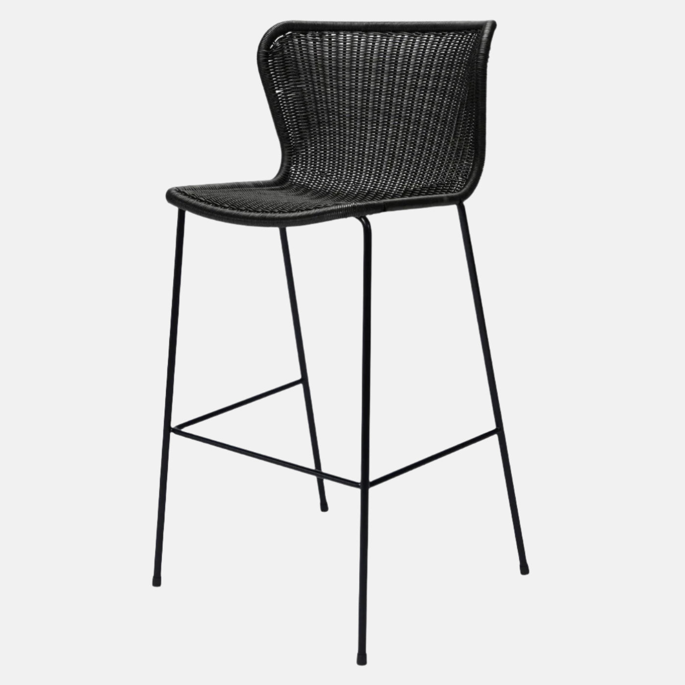 Black Rattan "Wing" Outdoor Stool by Yuzuru Yamakawa with polyethylene wicker seat and steel frame.