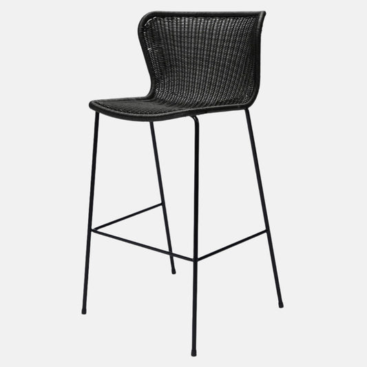 Black Rattan "Wing" Outdoor Stool by Yuzuru Yamakawa with polyethylene wicker seat and steel frame.