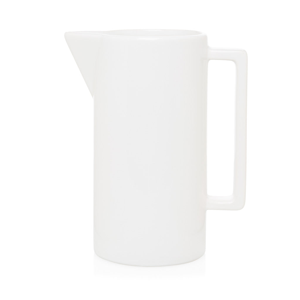 Large rectangular handled white ceramic pitcher with a sleek modern design.
