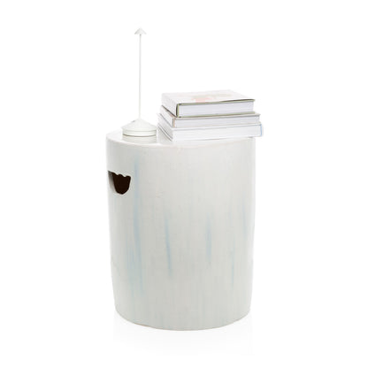 Rustic white ceramic cylinder garden stool, 16.25"Dia x 20"H, with a unique wood-fired finish.