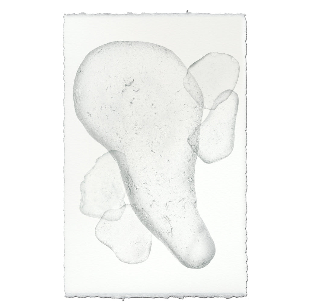 Sea Glass #6 handmade paper wall art print, abstract clear shapes on textured white paper with deckled edges.