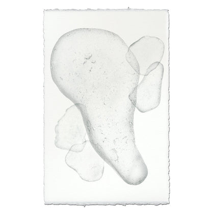Sea Glass #6 handmade paper wall art print, abstract clear shapes on textured white paper with deckled edges.