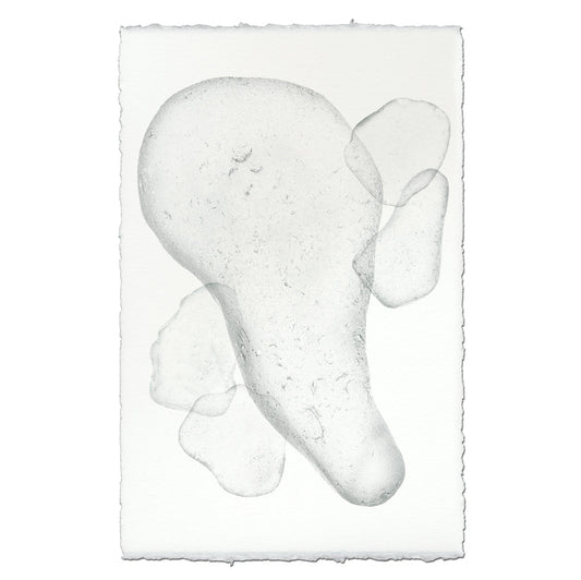 Sea Glass #6 handmade paper wall art print, abstract clear shapes on textured white paper with deckled edges.