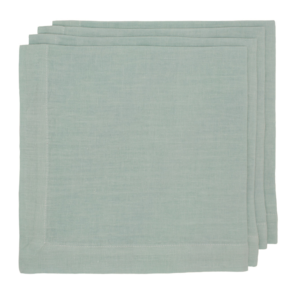 Stack of three Sea Glass HG Signature hand-dyed linen napkins, 22-inch square with mitered corners.