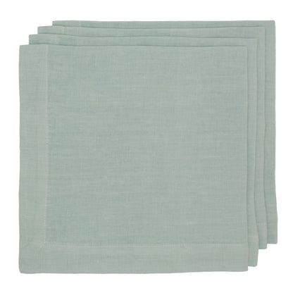 Stack of three Sea Glass HG Signature hand-dyed linen napkins, 22-inch square with mitered corners.
