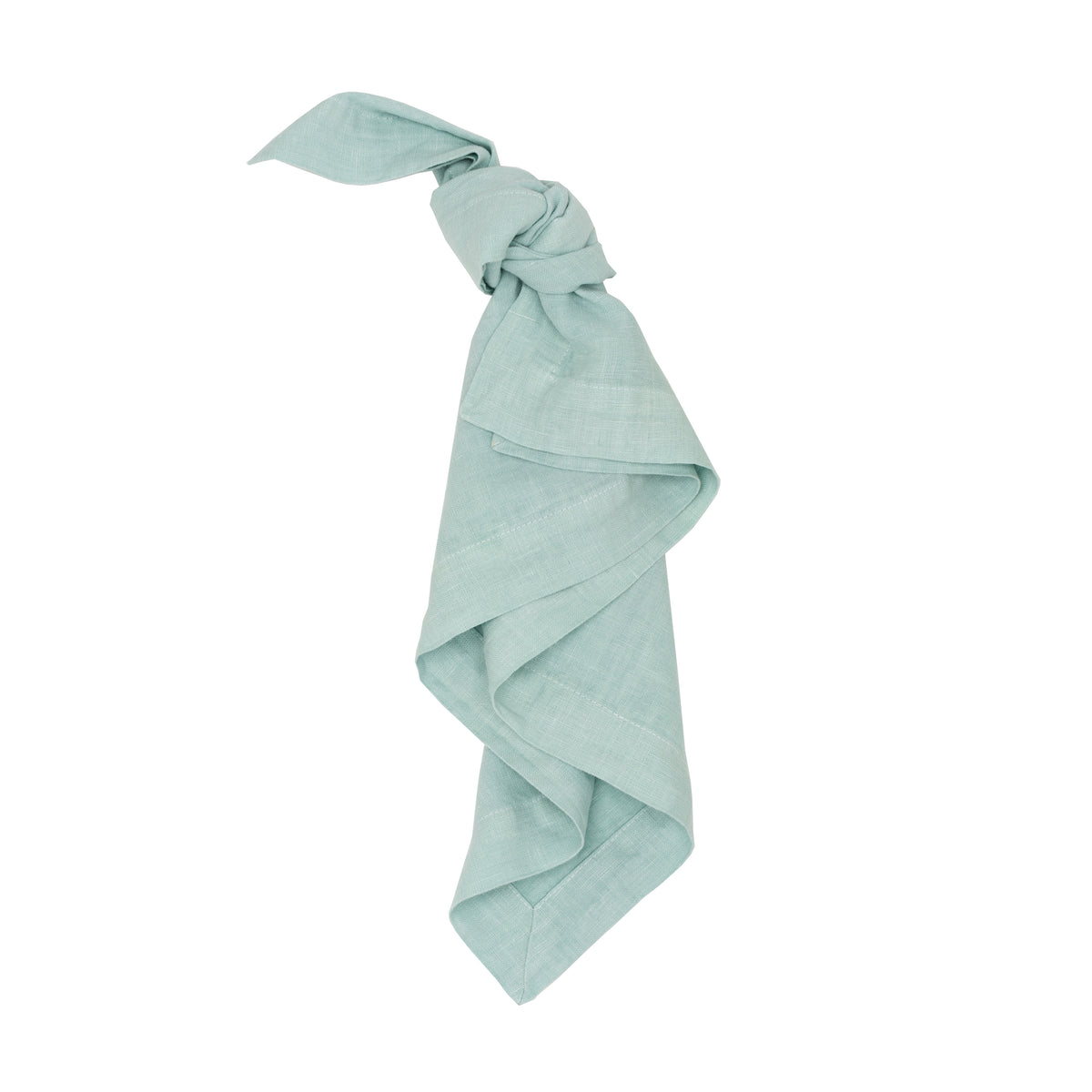 Sea Glass HG Signature hand-dyed linen napkin, 22-inch square, tied in a knot, soft translucent blue with aqua undertones.
