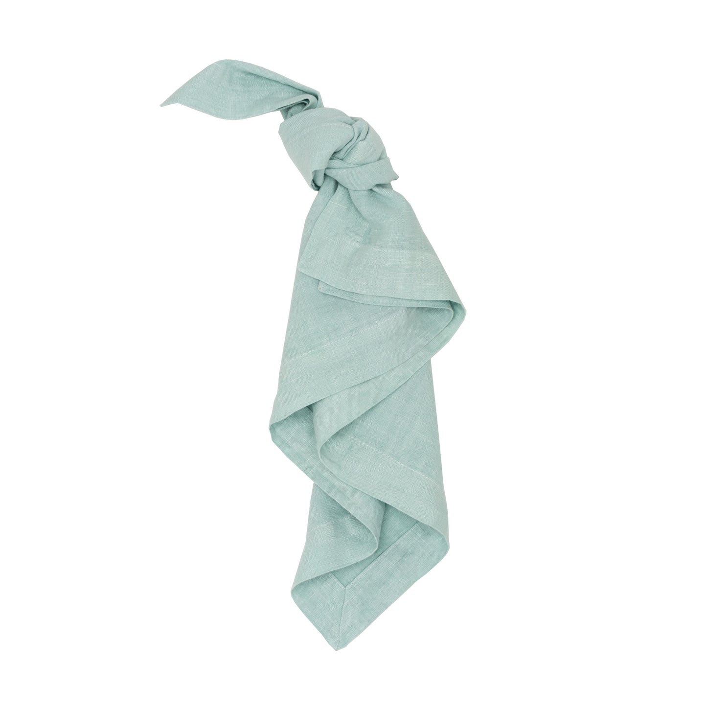 Sea Glass HG Signature hand-dyed linen napkin, 22-inch square, tied in a knot, soft translucent blue with aqua undertones.