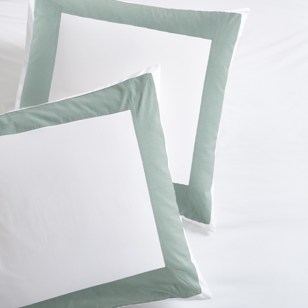 Two Seafoam Green Wide-Band Percale Pillow Shams, white with a 4-inch seafoam green border.