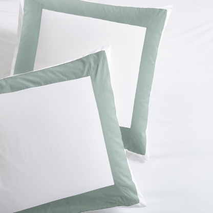 Two Seafoam Green Wide-Band Percale Pillow Shams, white with a 4-inch seafoam green border.