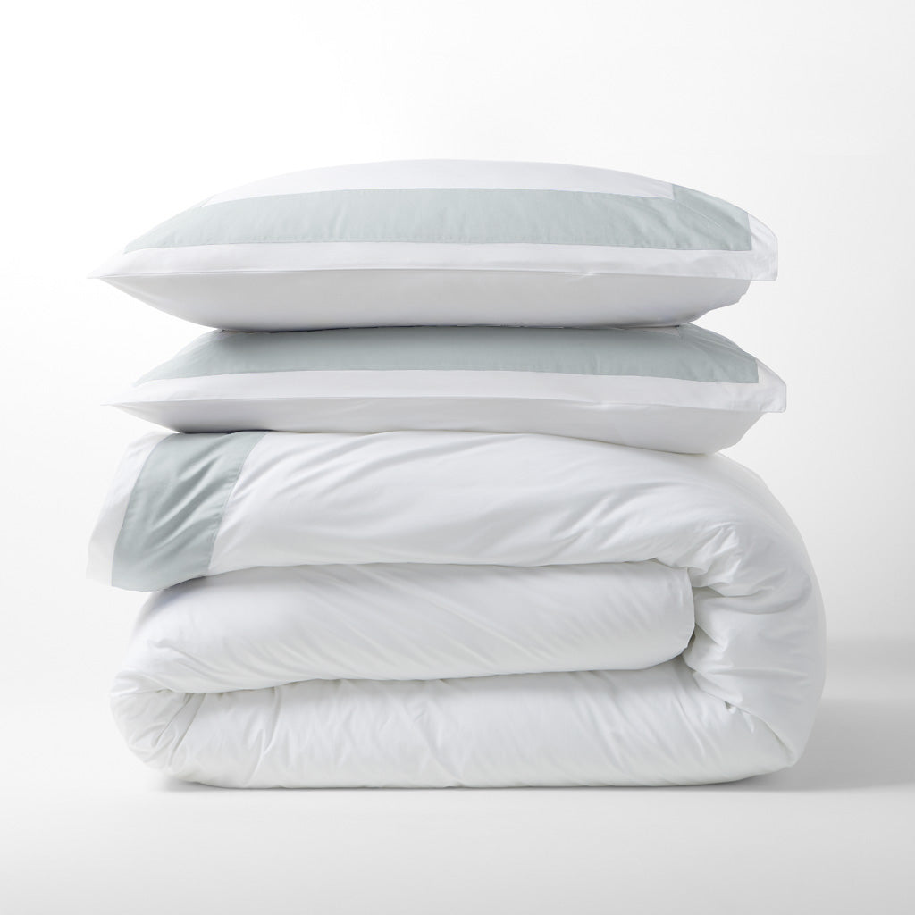 Seafoam Green Wide-Band Percale Pillow Shams and duvet, extra-long staple cotton, 500-thread-count.