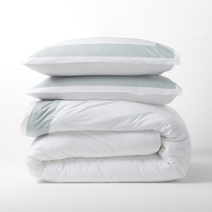Seafoam Green Wide-Band Percale Pillow Shams and duvet, extra-long staple cotton, 500-thread-count.