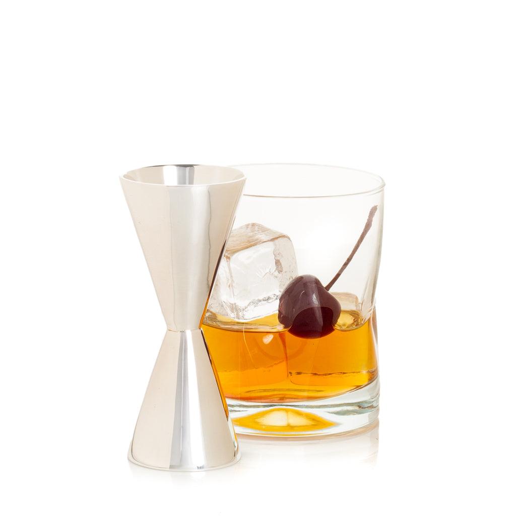 HG Silverplate Double Jigger with a cocktail glass, ice, and cherry.
