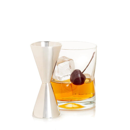 HG Silverplate Double Jigger with a cocktail glass, ice, and cherry.