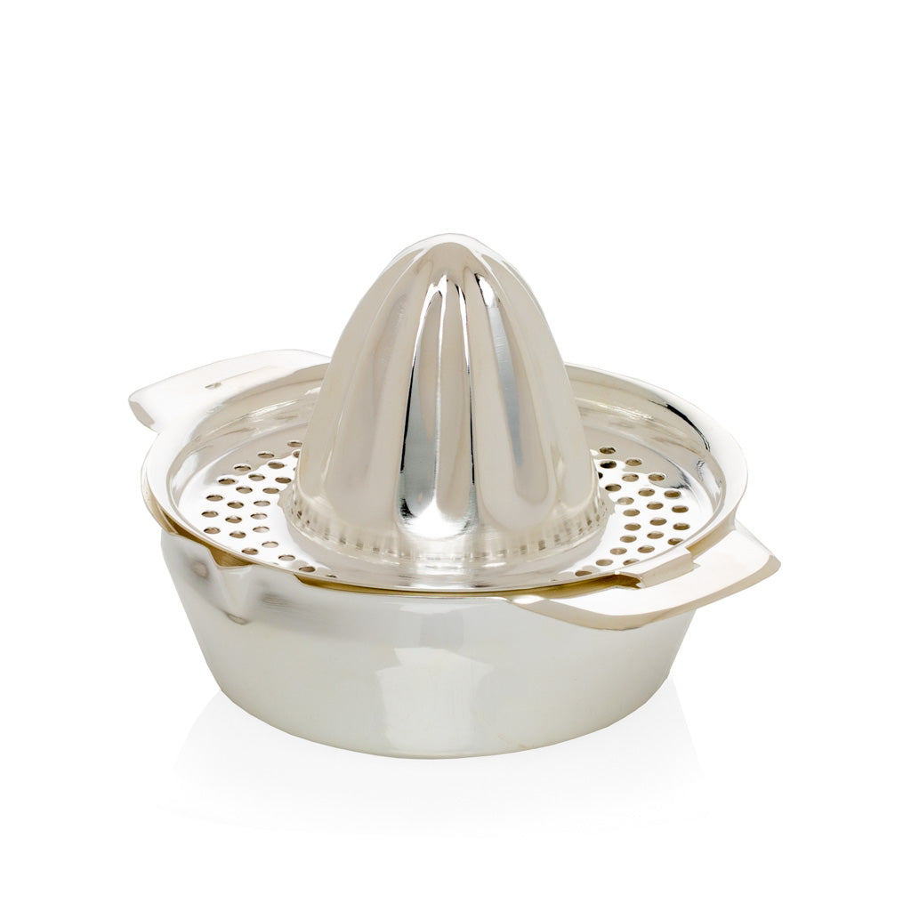 HG Silverplate Lemon Juicer, oversized, shiny silver metal, with a conical reamer and perforated strainer.