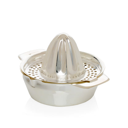HG Silverplate Lemon Juicer, oversized, shiny silver metal, with a conical reamer and perforated strainer.