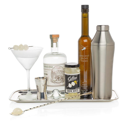 Silverplate bar stirrer spoon with a twisted handle, shown with cocktail ingredients on a tray.