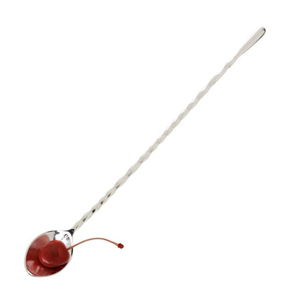 Long silverplate bar stirrer spoon with a twisted stem, holding a red cherry.
