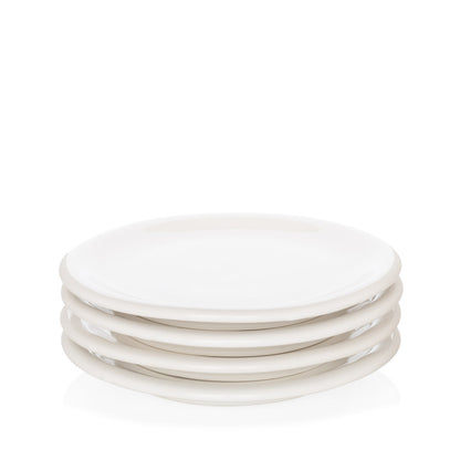 Stack of four white Hudson Grace earthenware appetizer plates with a low lip.