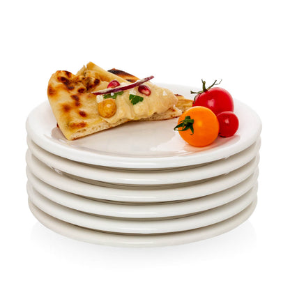 Stack of white HG Appetizer Small Plates with a slice of pizza and cherry tomatoes on top.