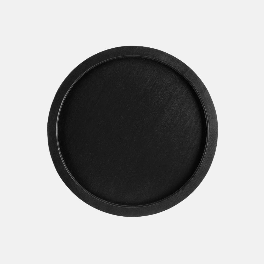 Small round black reclaimed pine wood serving tray with raised rim.