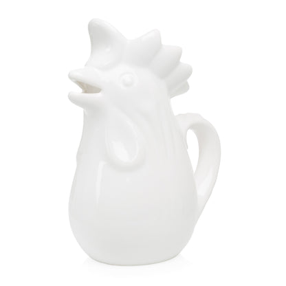 White ceramic rooster pitcher, 6.75"H, with a glossy glaze and handle.