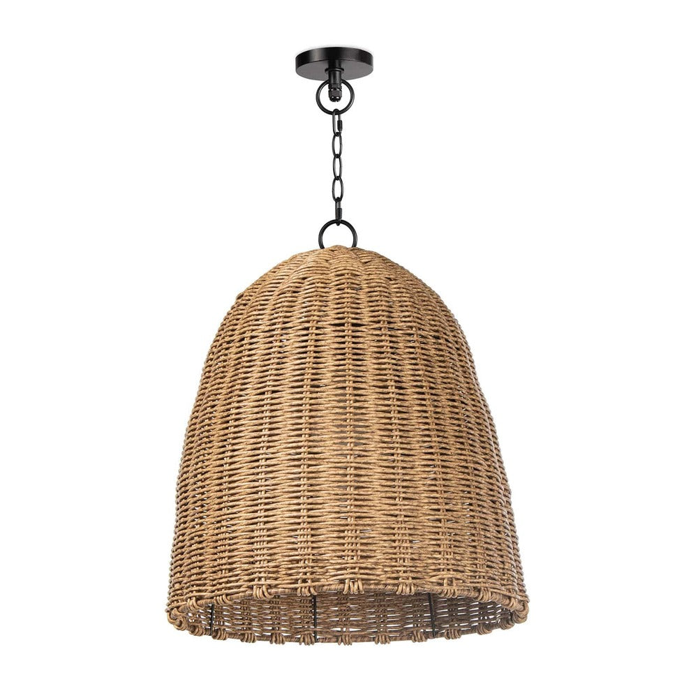 Small outdoor beehive pendant light with a natural rattan-like woven dome shade and black chain.