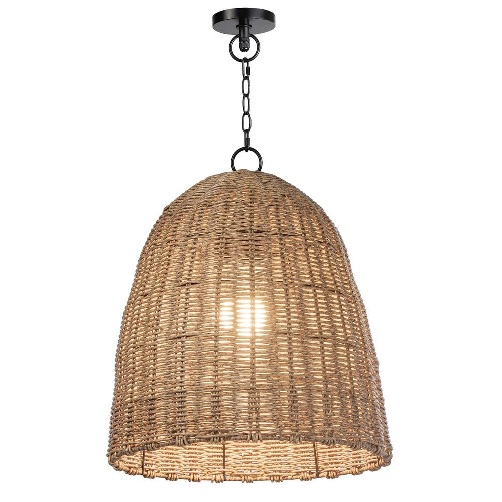 Small outdoor beehive pendant light with a dome-shaped, natural rattan-like woven shade and black chain.