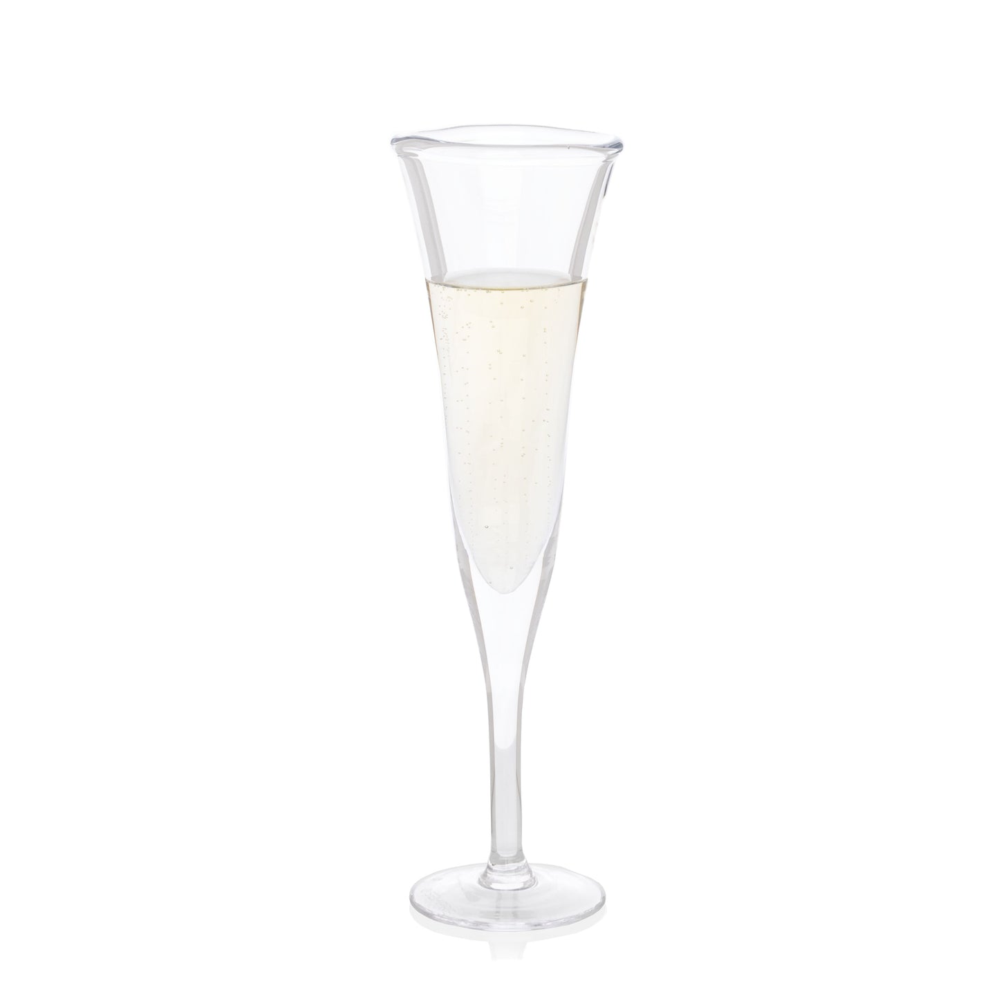Clear, scissor-cut glass champagne flute with a rippled rim, filled with bubbly champagne.
