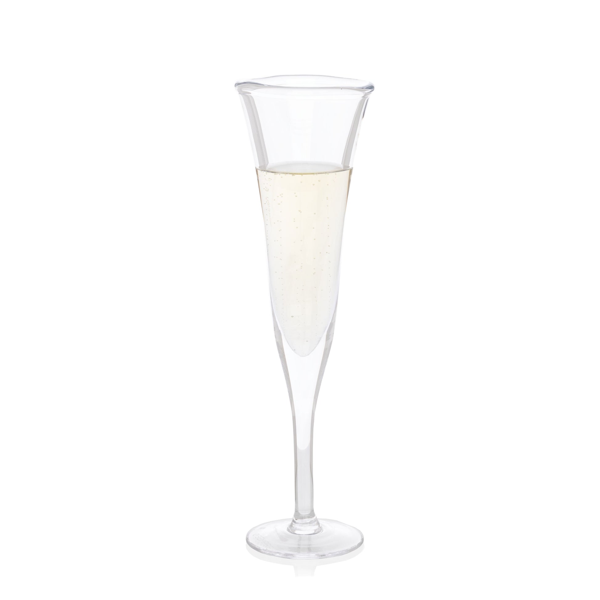 Clear, scissor-cut glass champagne flute with a rippled rim, filled with bubbly champagne.