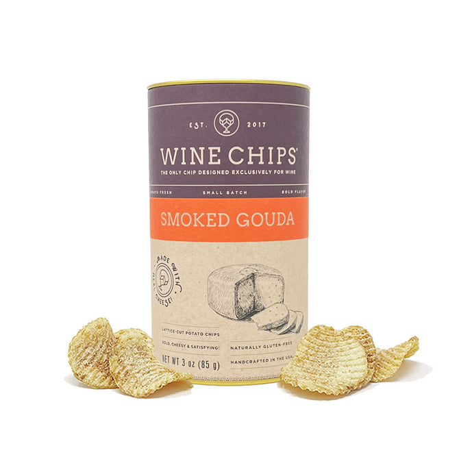 Smoked Gouda Wine Chips 3oz can with lattice-cut potato chips scattered around.