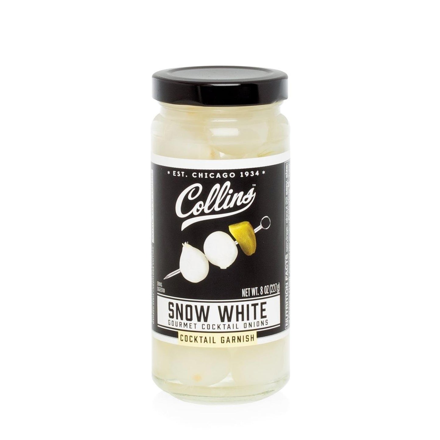 Collins Snow White Gourmet Cocktail Onions, 8 oz. jar with black lid and label.