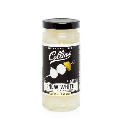 Collins Snow White Gourmet Cocktail Onions, 8 oz. jar with black lid and label.