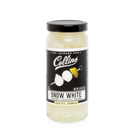 Collins Snow White Gourmet Cocktail Onions, 8 oz. jar with black lid and label.