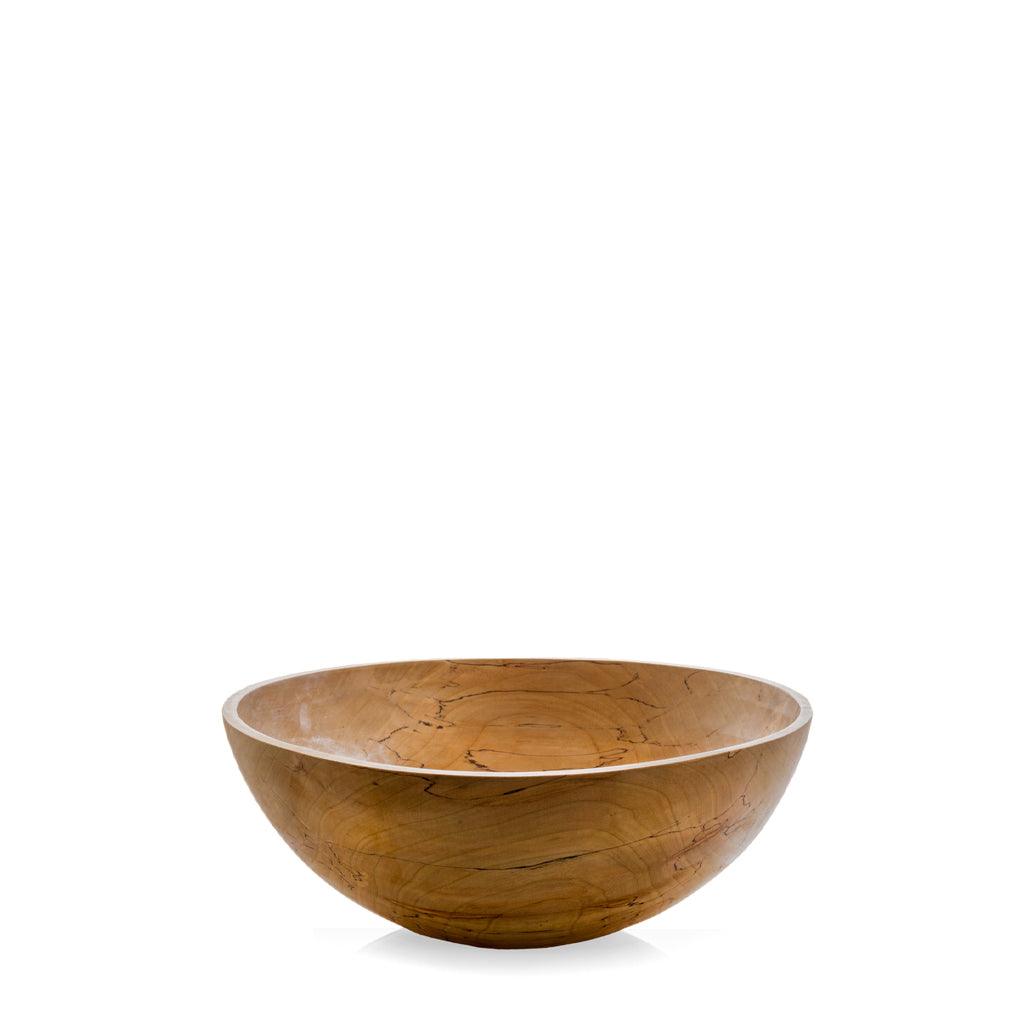 11" spalted maple wood bowl with natural light brown tones and unique dark fungal patterns.