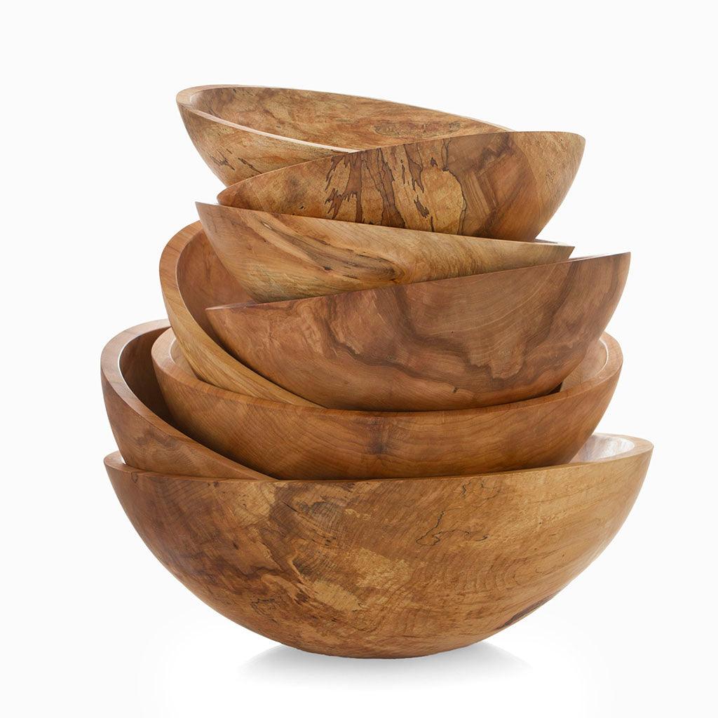 Stack of five unique spalted maple wood bowls, varying in natural wood grain and color.
