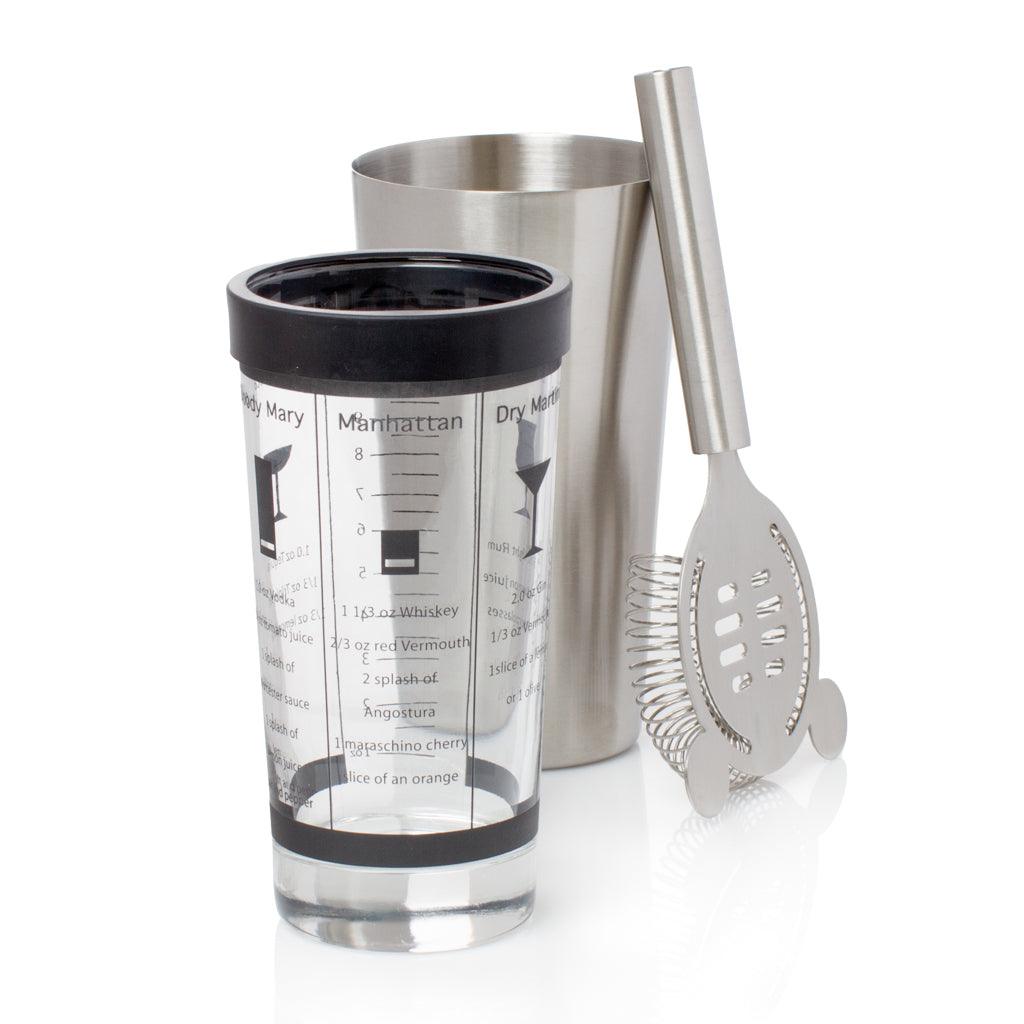 Stainless steel Boston cocktail shaker set with a recipe-printed mixing glass and strainer.