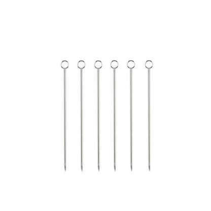 Set of 6 silver stainless steel cocktail picks, 3.75" long, with loop tops and pointed ends.