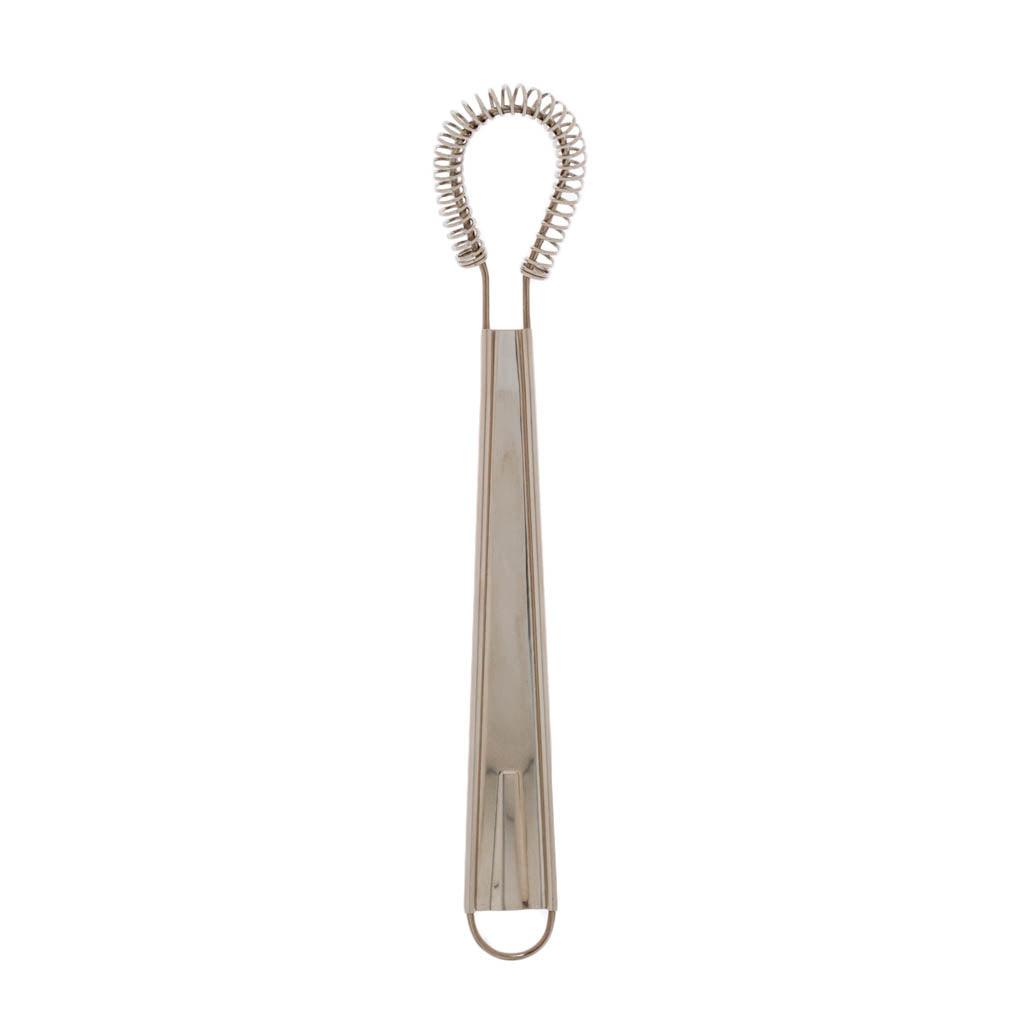 Stainless steel mini whisk, 8" long, with a coiled spring head and flat handle.